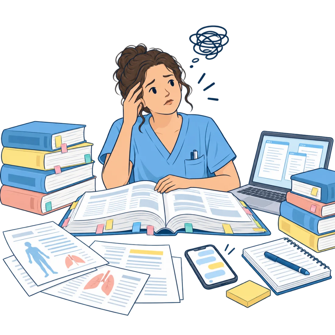 Eine Auszubildende in der Pflege zwischen Büchern, Skripten und Notizen
